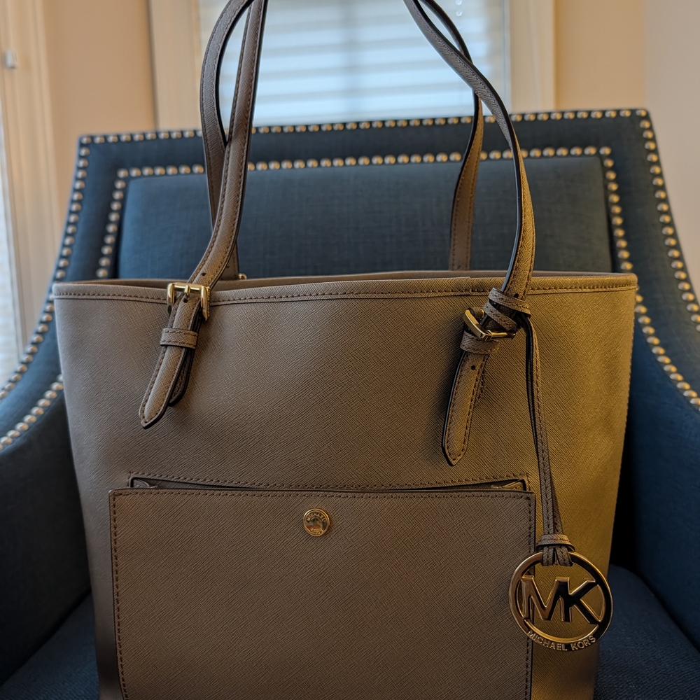 Michael Kors Taupe Saffiano Leather Tote with MK Charm